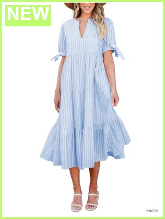 Dresses & Skirts - Polyester Midi Dress V-Neck Puff Sleeve Tiered Gingham Spring Summer